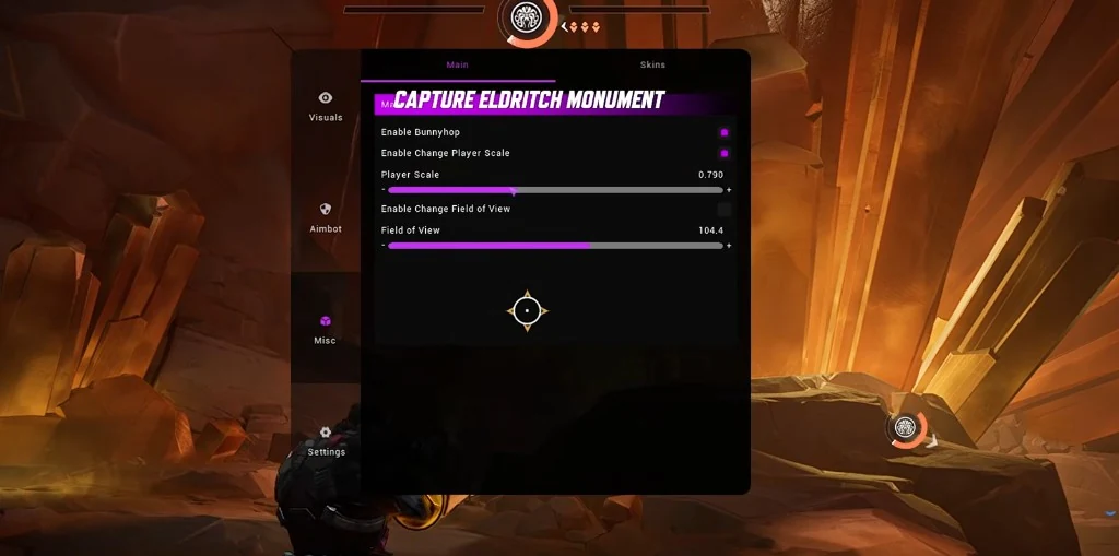 Marvel Rivals Hacks in-game menu — bunnyhop, player scale, FOV, and misc settings